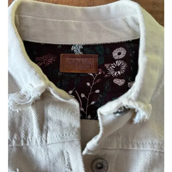 Womens POL Cream Light Beige‎ Fringe Raw Hem Cropped Denim Jacket Size M - Picture 13 of 13